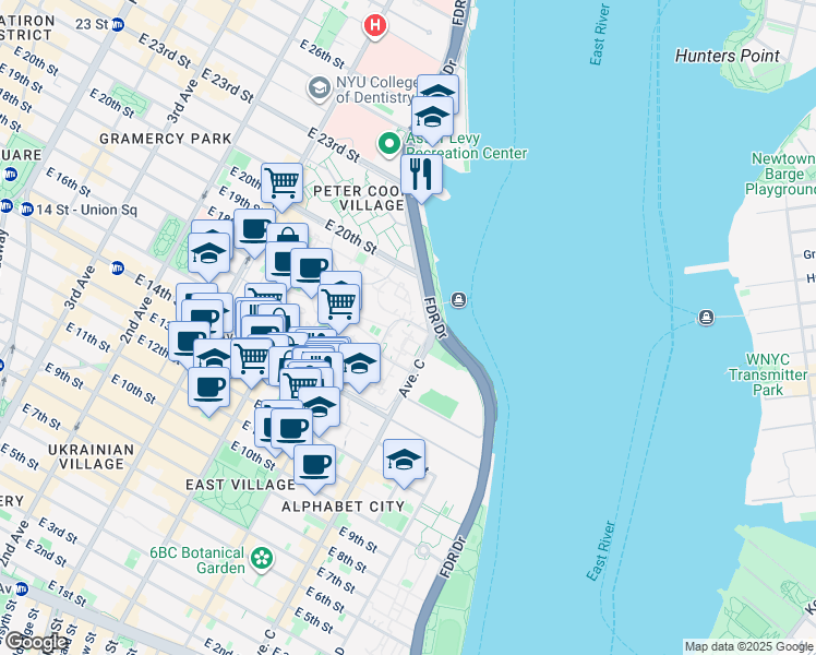 map of restaurants, bars, coffee shops, grocery stores, and more near 287 Avenue C in New York