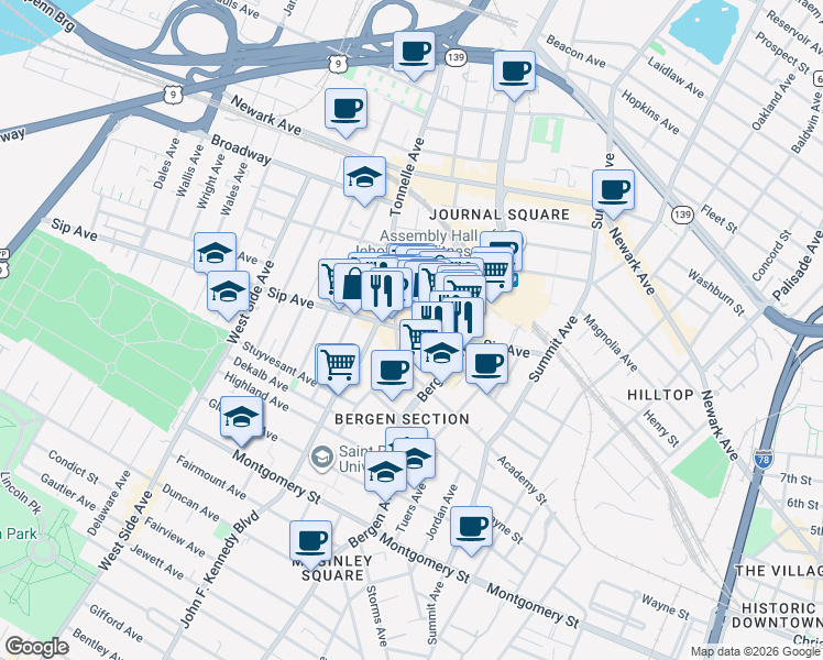 map of restaurants, bars, coffee shops, grocery stores, and more near Sip Avenue in Jersey City