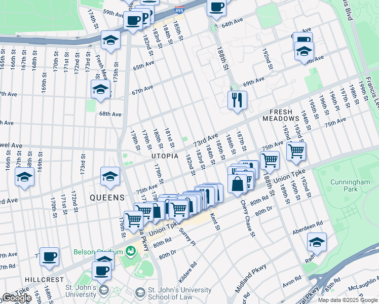 map of restaurants, bars, coffee shops, grocery stores, and more near 5 182nd Street in Queens