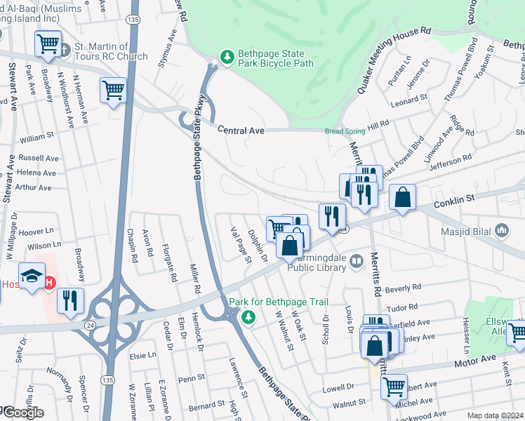 map of restaurants, bars, coffee shops, grocery stores, and more near 23 Plainview Road in Farmingdale