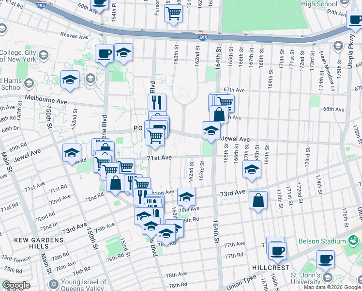 map of restaurants, bars, coffee shops, grocery stores, and more near 161-8 Jewel Avenue in Queens