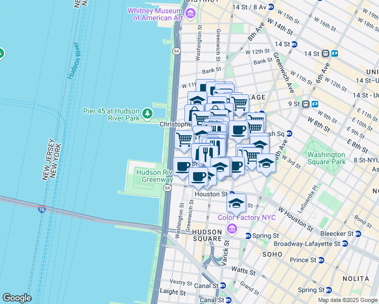 map of restaurants, bars, coffee shops, grocery stores, and more near Washington St & Morton St in New York