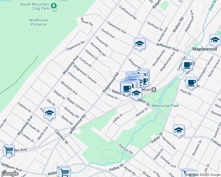 map of restaurants, bars, coffee shops, grocery stores, and more near 123 Baker Street in Maplewood