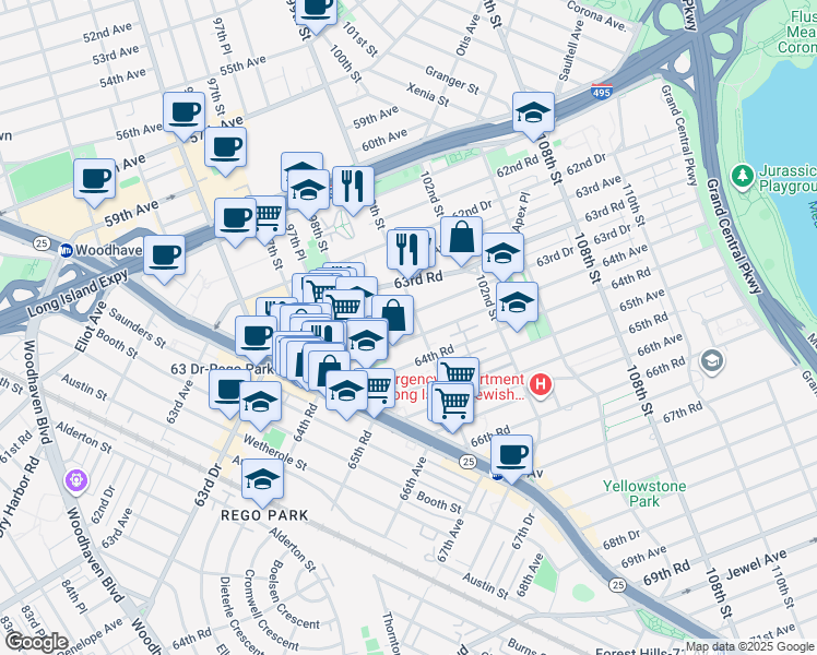 map of restaurants, bars, coffee shops, grocery stores, and more near 9851 64th Avenue in Queens