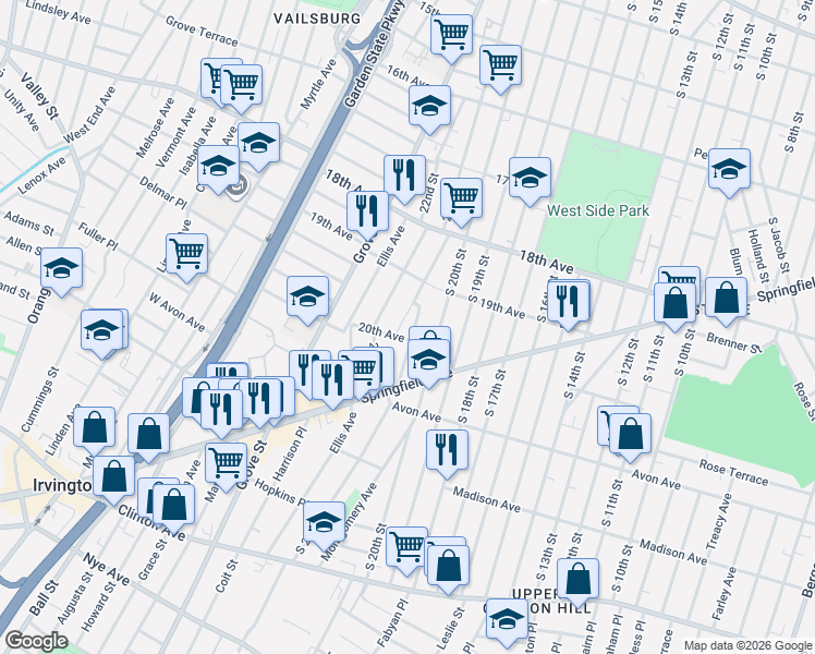 map of restaurants, bars, coffee shops, grocery stores, and more near 361 21st Street in Irvington