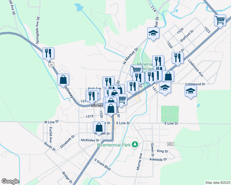 map of restaurants, bars, coffee shops, grocery stores, and more near 401 North Market Street in Minerva