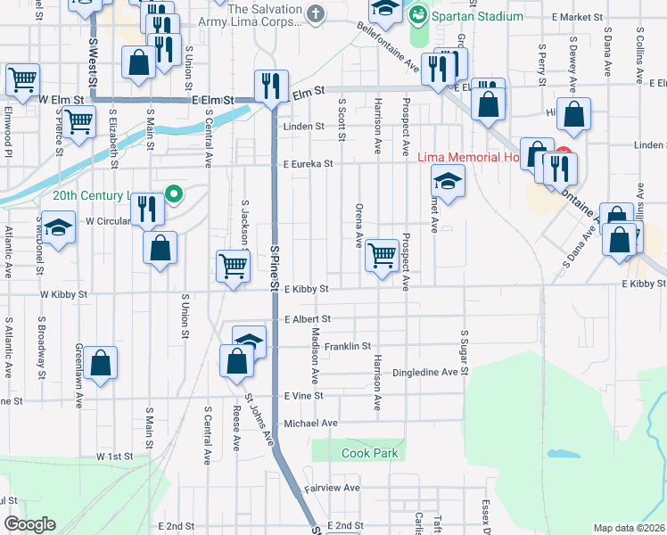 map of restaurants, bars, coffee shops, grocery stores, and more near 640 South Scott Street in Lima