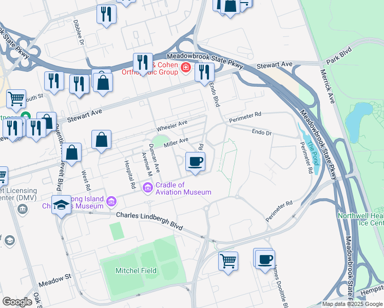 map of restaurants, bars, coffee shops, grocery stores, and more near 353 Harmon Avenue in Garden City