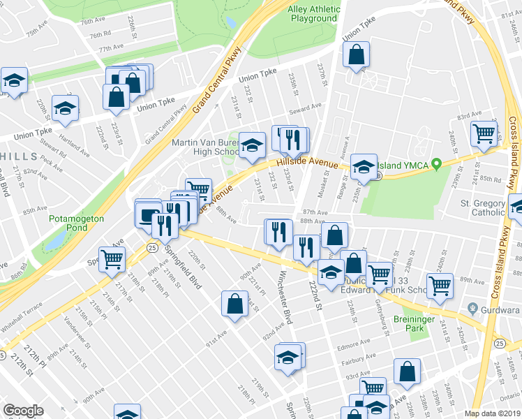map of restaurants, bars, coffee shops, grocery stores, and more near 230-26 87th Avenue in Queens