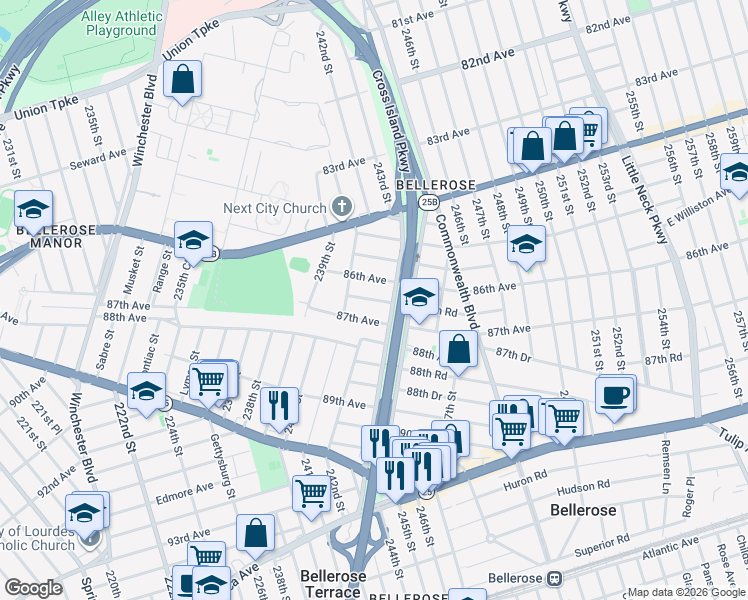 map of restaurants, bars, coffee shops, grocery stores, and more near 241-16 86th Road in Queens
