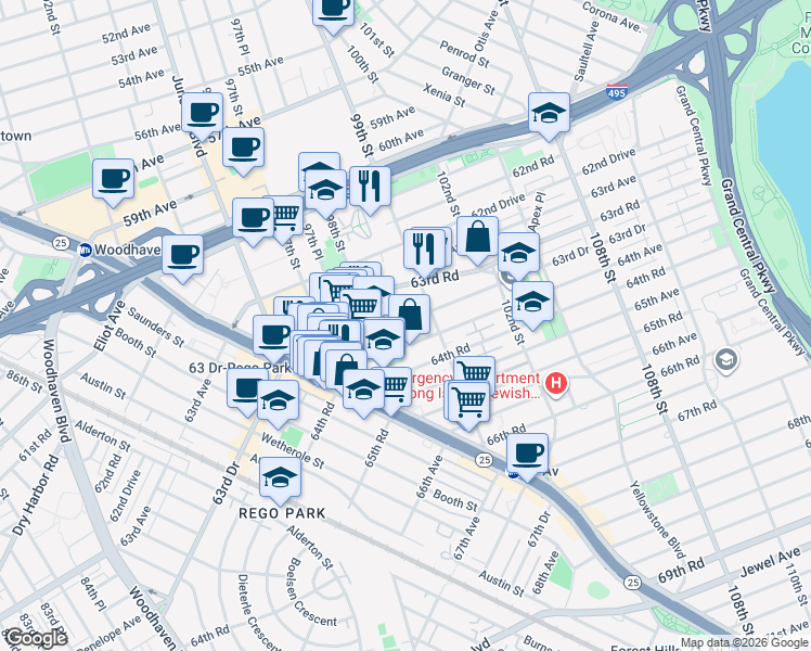 map of restaurants, bars, coffee shops, grocery stores, and more near 9851 64th Avenue in Queens