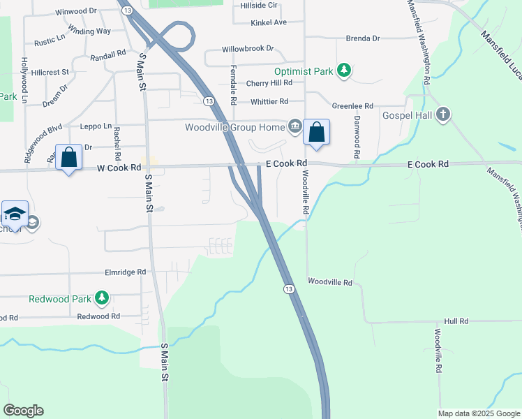 map of restaurants, bars, coffee shops, grocery stores, and more near 1017 Ohio 13 in Mansfield