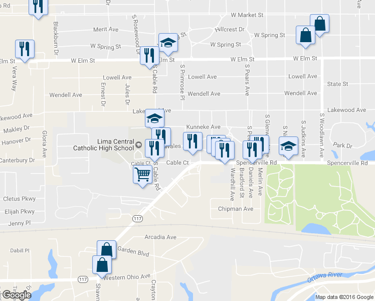 map of restaurants, bars, coffee shops, grocery stores, and more near 2429 Wales Ave in Lima
