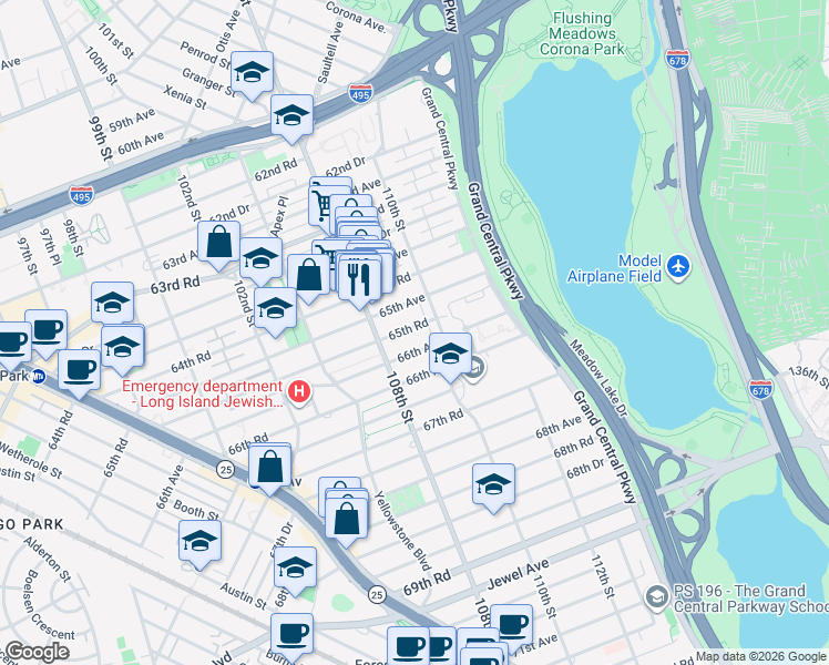 map of restaurants, bars, coffee shops, grocery stores, and more near 108-49 66th Avenue in Queens