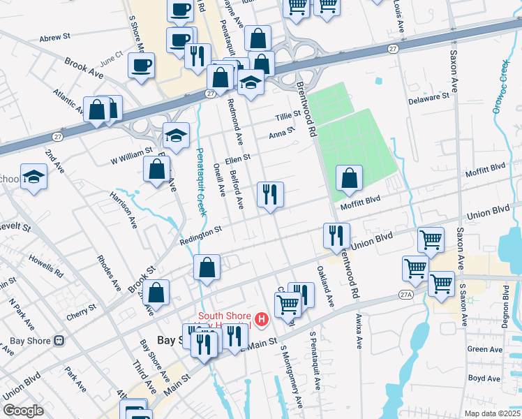 map of restaurants, bars, coffee shops, grocery stores, and more near 21 Redmond Avenue in Bay Shore
