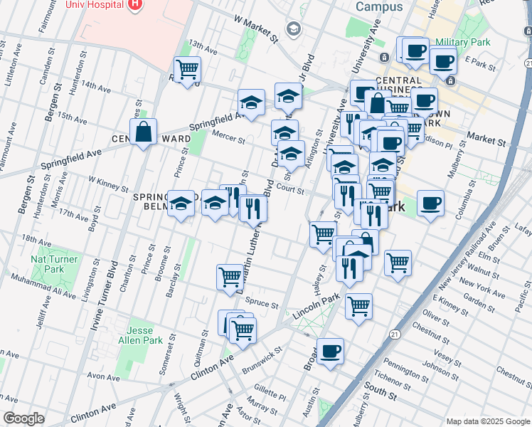 map of restaurants, bars, coffee shops, grocery stores, and more near 116 Baldwin Street in Newark