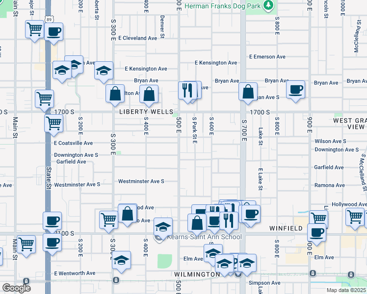 map of restaurants, bars, coffee shops, grocery stores, and more near 1804 Park Street East in Salt Lake City