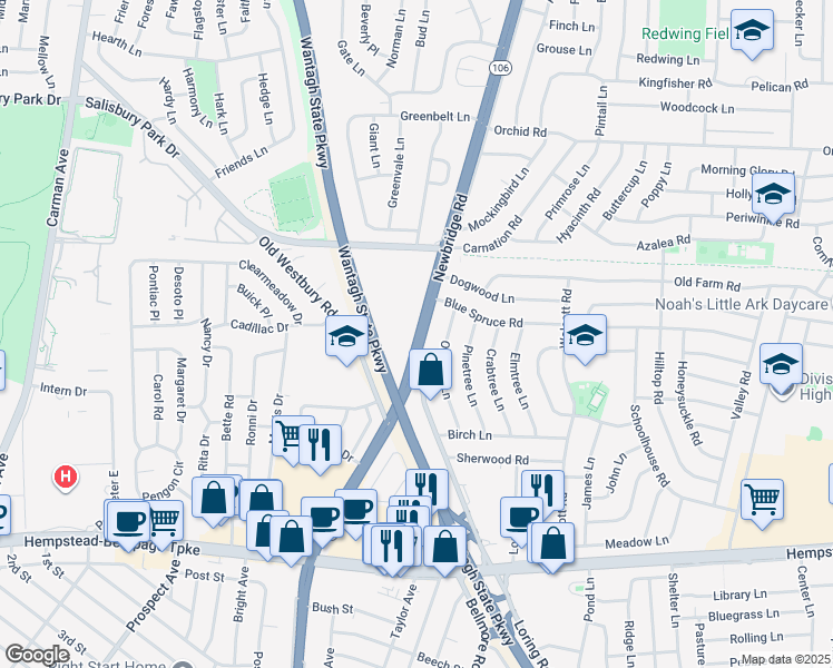 map of restaurants, bars, coffee shops, grocery stores, and more near 257 North Newbridge Road in Levittown