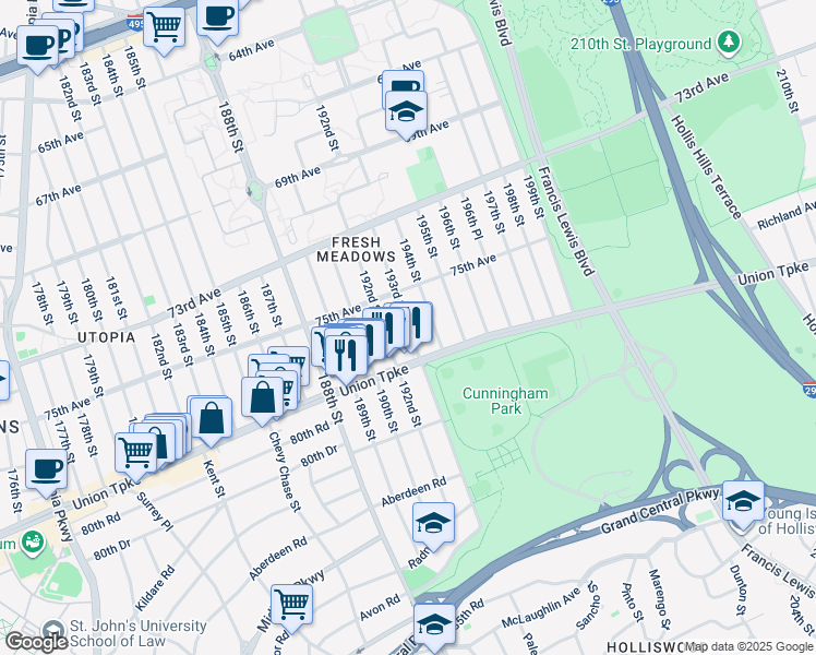 map of restaurants, bars, coffee shops, grocery stores, and more near 75-47 193rd Street in Queens