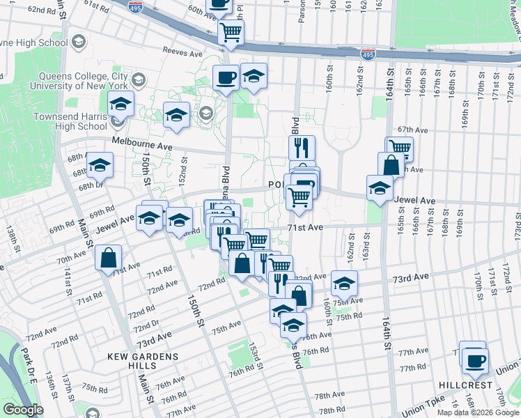 map of restaurants, bars, coffee shops, grocery stores, and more near 155-9 71st Avenue in Queens