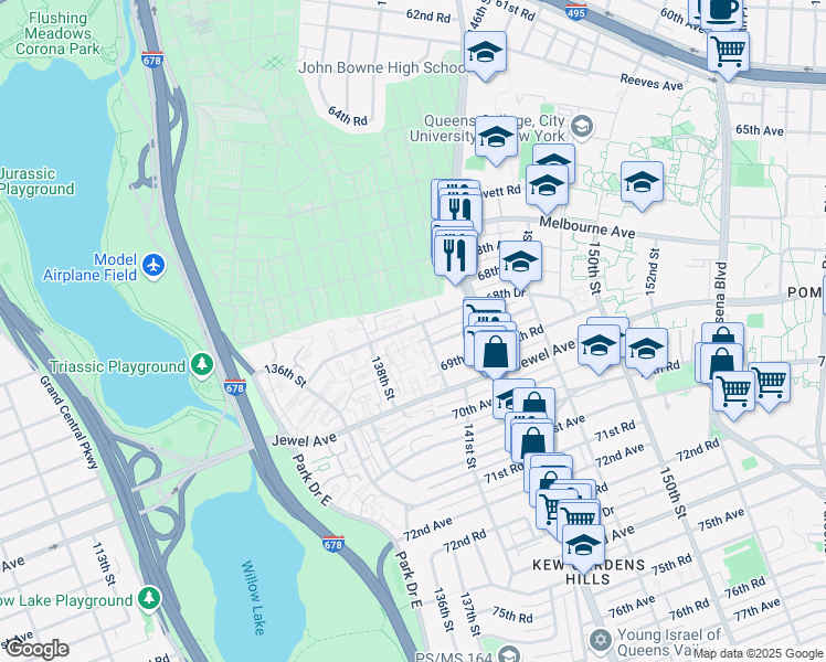 map of restaurants, bars, coffee shops, grocery stores, and more near 138-50 68th Drive in Queens