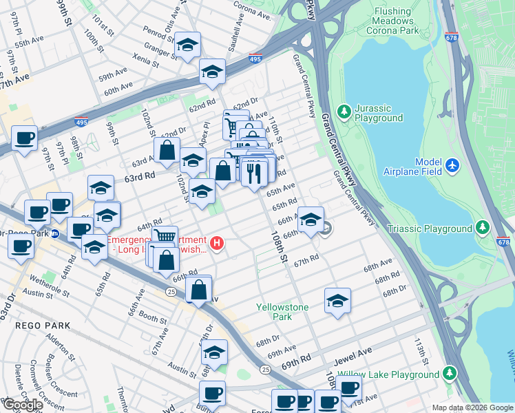 map of restaurants, bars, coffee shops, grocery stores, and more near 105-39 65th Road in Queens