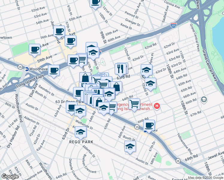 map of restaurants, bars, coffee shops, grocery stores, and more near 98-02 63rd Drive in Queens