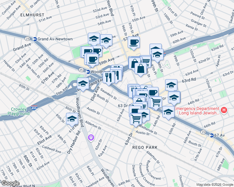 map of restaurants, bars, coffee shops, grocery stores, and more near 93-24 Queens Boulevard in Queens