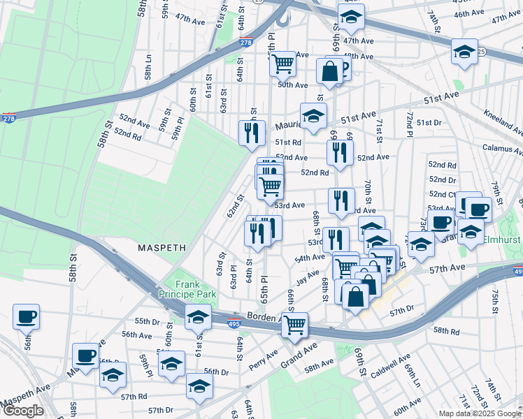 map of restaurants, bars, coffee shops, grocery stores, and more near 5314 65th Place in Queens
