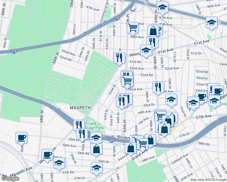 map of restaurants, bars, coffee shops, grocery stores, and more near 53-58 62nd Street in Queens