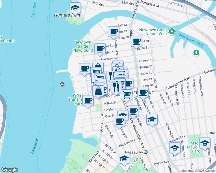 map of restaurants, bars, coffee shops, grocery stores, and more near 127 Kent Street in Brooklyn