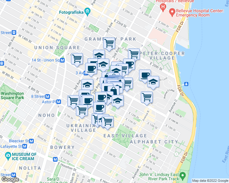 map of restaurants, bars, coffee shops, grocery stores, and more near 347 East 14th Street in New York