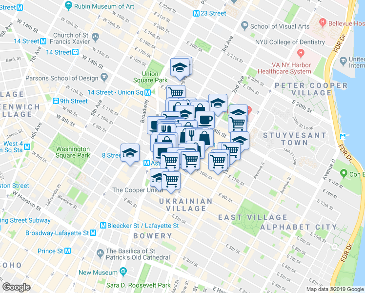 map of restaurants, bars, coffee shops, grocery stores, and more near 225 East 11th Street in New York