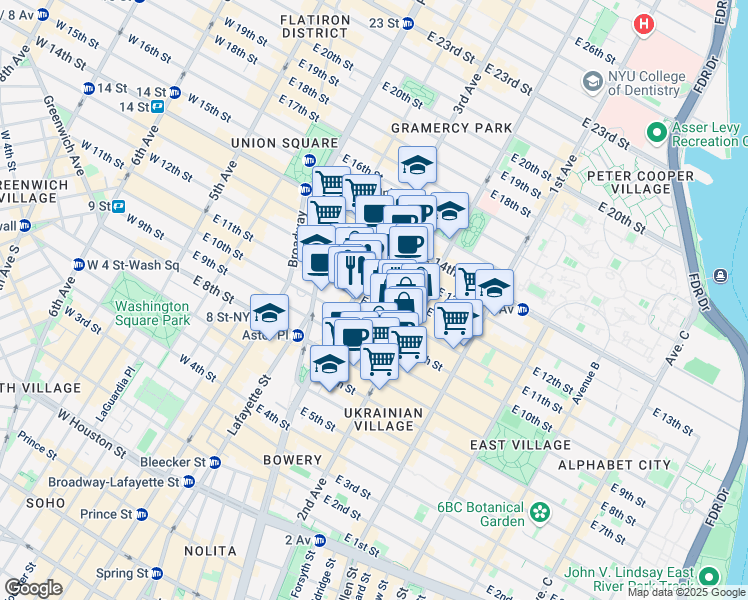 map of restaurants, bars, coffee shops, grocery stores, and more near 225 East 11th Street in New York