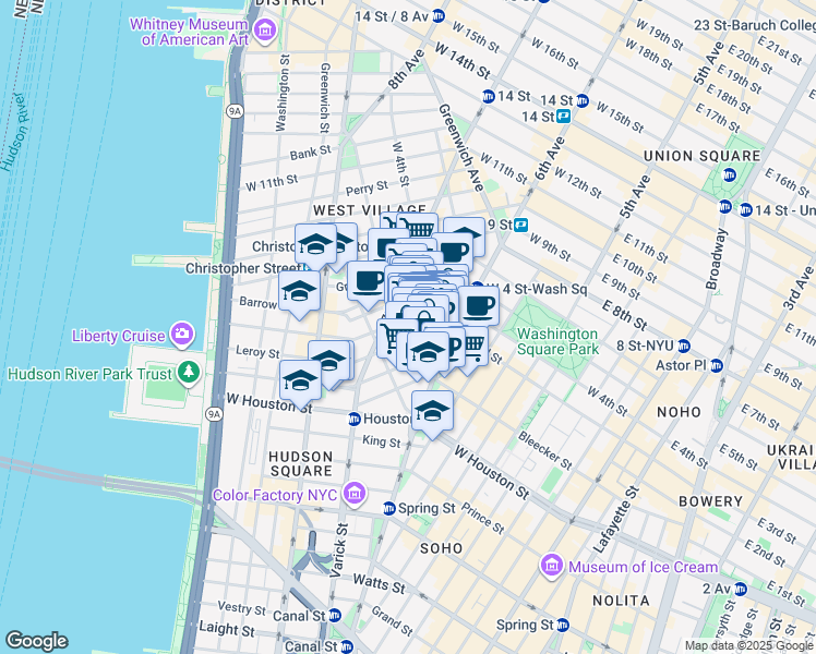 map of restaurants, bars, coffee shops, grocery stores, and more near 249 Bleecker Street in New York