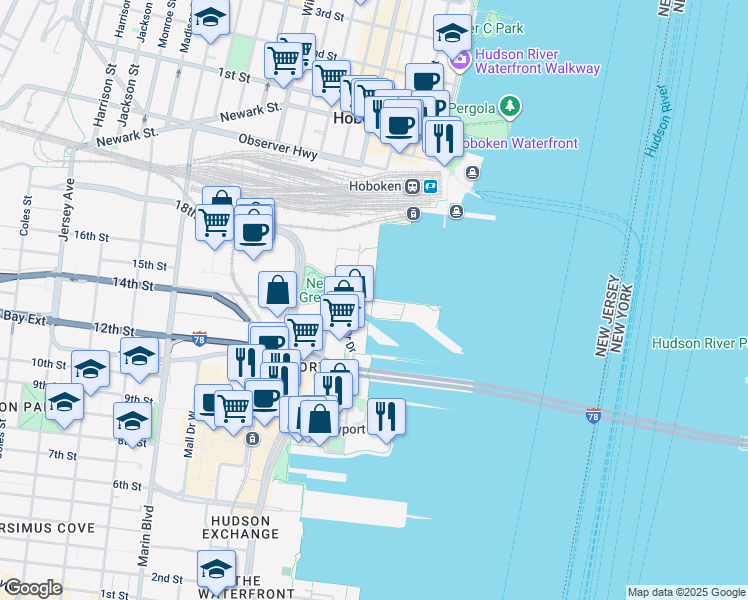 map of restaurants, bars, coffee shops, grocery stores, and more near 45 Park Lane South in Jersey City
