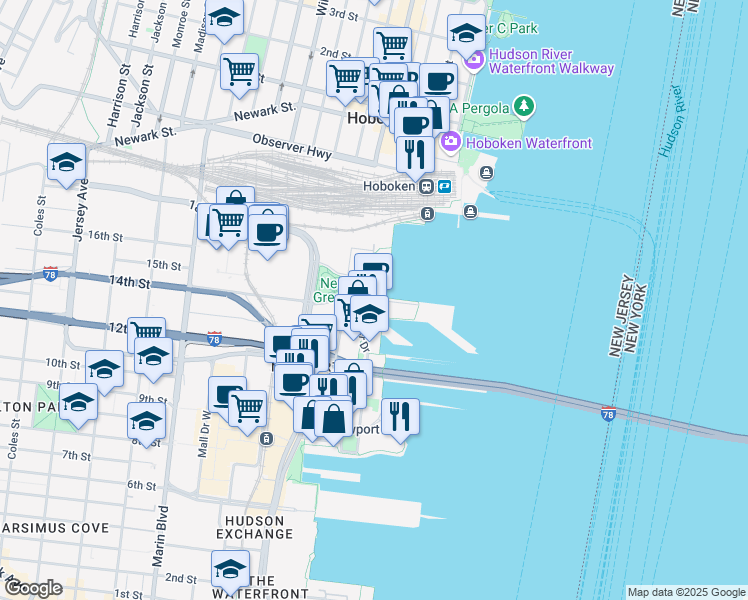 map of restaurants, bars, coffee shops, grocery stores, and more near 45 Park Lane South in Jersey City