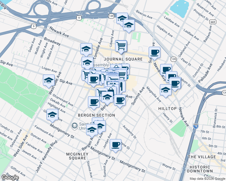 map of restaurants, bars, coffee shops, grocery stores, and more near 41 Journal Square Plaza in Jersey City
