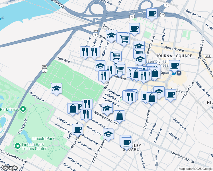 map of restaurants, bars, coffee shops, grocery stores, and more near 916 West Side Avenue in Jersey City