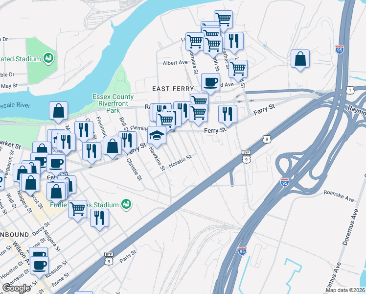 map of restaurants, bars, coffee shops, grocery stores, and more near 37 Vincent Street in Newark