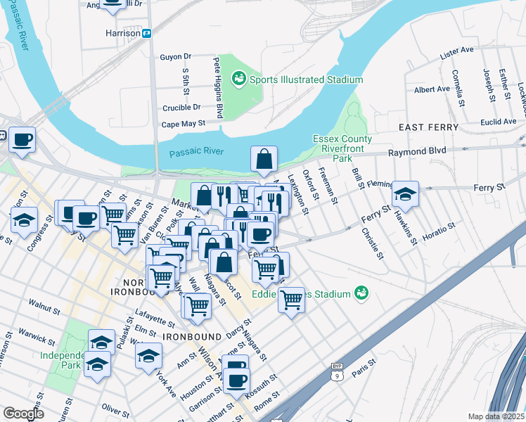 map of restaurants, bars, coffee shops, grocery stores, and more near 48 Fillmore Street in Newark