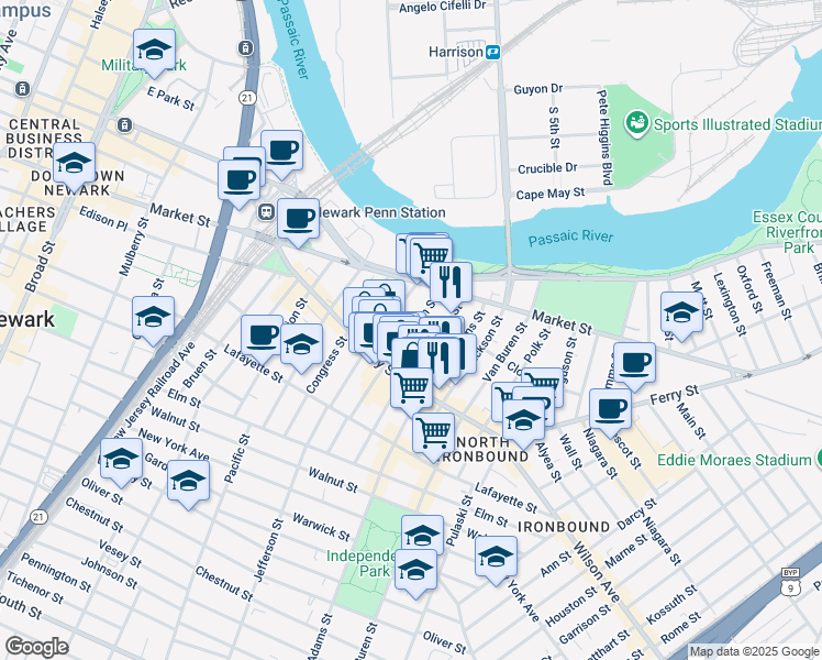 map of restaurants, bars, coffee shops, grocery stores, and more near 44 Monroe Street in Newark