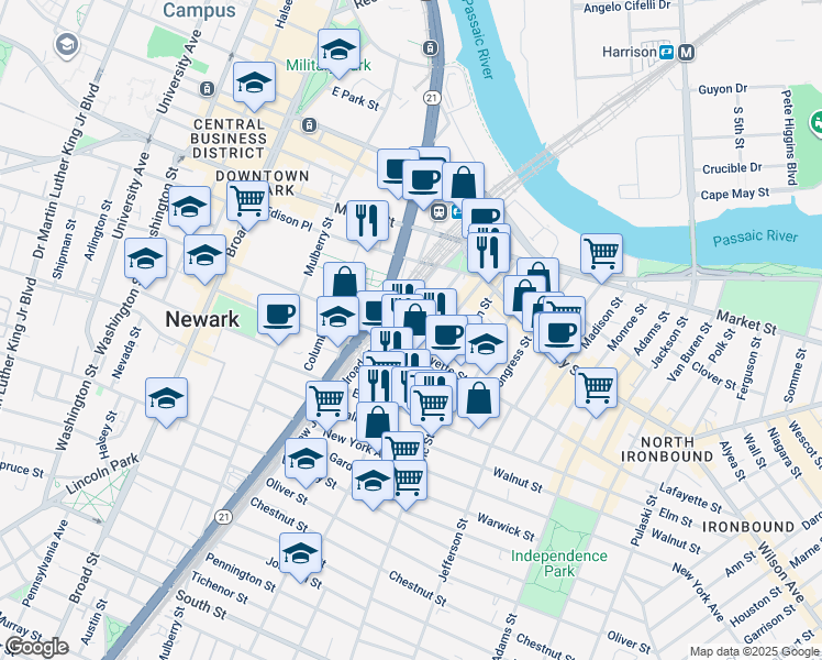 map of restaurants, bars, coffee shops, grocery stores, and more near 58 Bruen Street in Newark