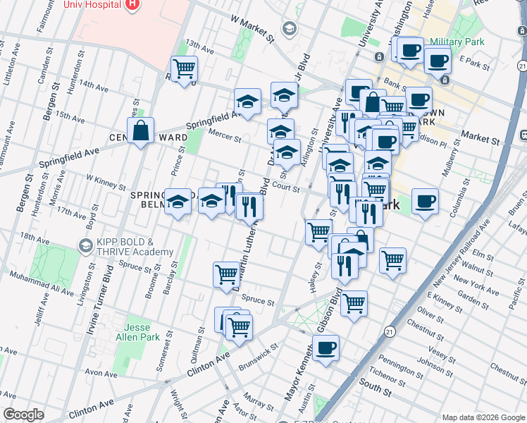 map of restaurants, bars, coffee shops, grocery stores, and more near 116 Baldwin Street in Newark