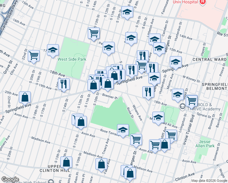map of restaurants, bars, coffee shops, grocery stores, and more near 10 Kent Street in Newark