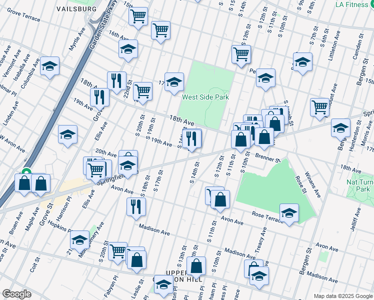 map of restaurants, bars, coffee shops, grocery stores, and more near 622 Springfield Avenue in Newark
