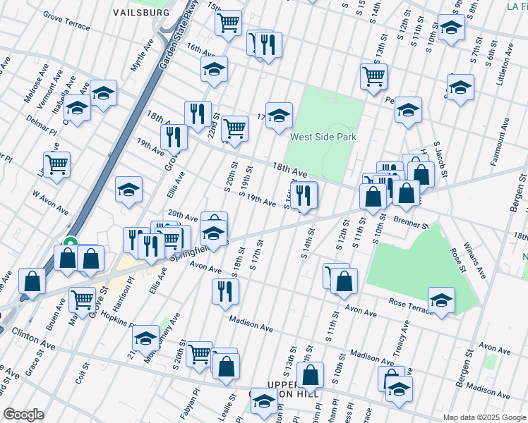 map of restaurants, bars, coffee shops, grocery stores, and more near 712 South 17th Street in Newark