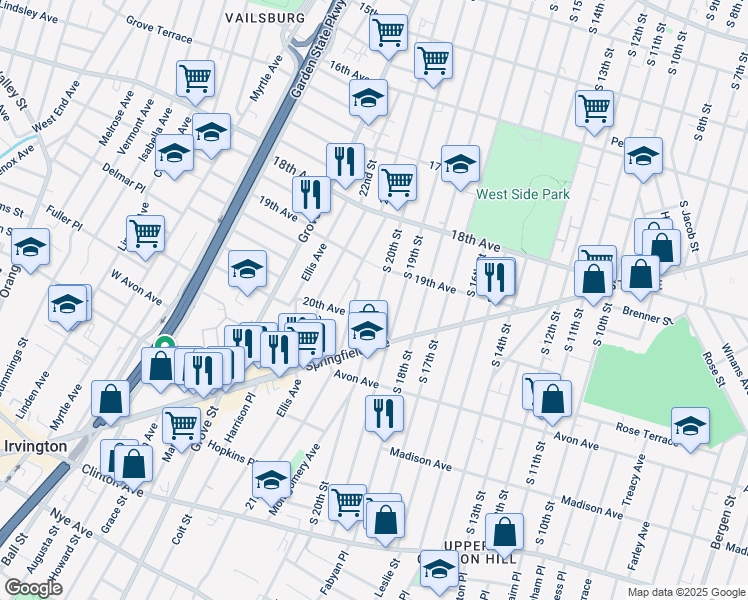map of restaurants, bars, coffee shops, grocery stores, and more near 743 South 20th Street in Newark