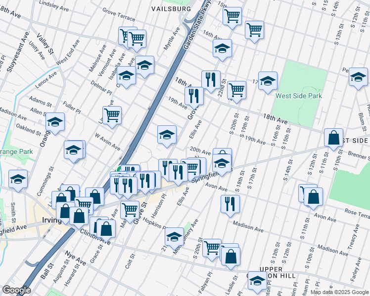 map of restaurants, bars, coffee shops, grocery stores, and more near 35 20th Avenue in Irvington