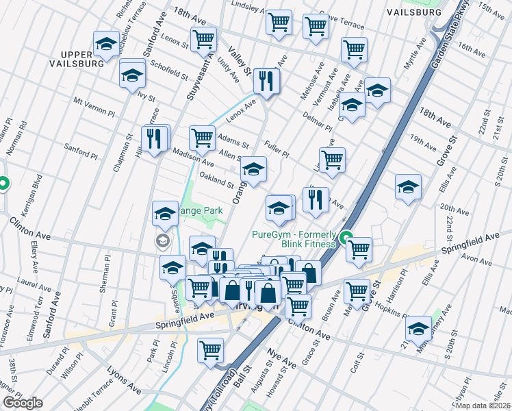 map of restaurants, bars, coffee shops, grocery stores, and more near 97 Cummings Street in Irvington